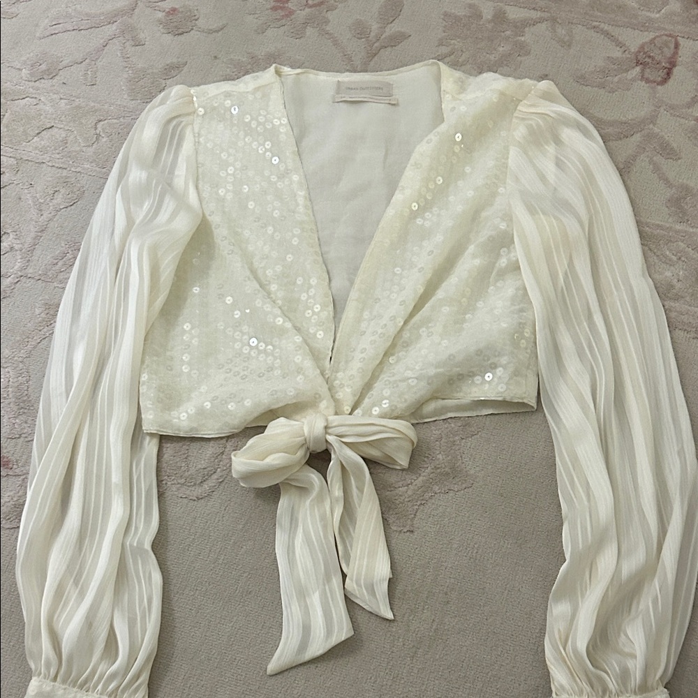 Elegant Cream Sequin Tie-Front Blouse